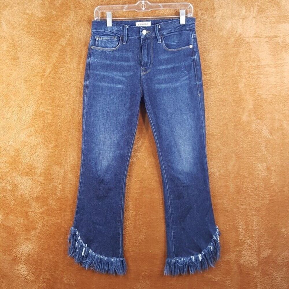 Frame Denim Women's Dark Blue Boot Cut Jeans with Fringe Hem